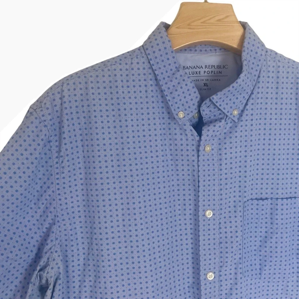 Banana Republic Luxe Poplin Shirt Mens XL Slim Fit Blue‎ Geometric Short Sleeve